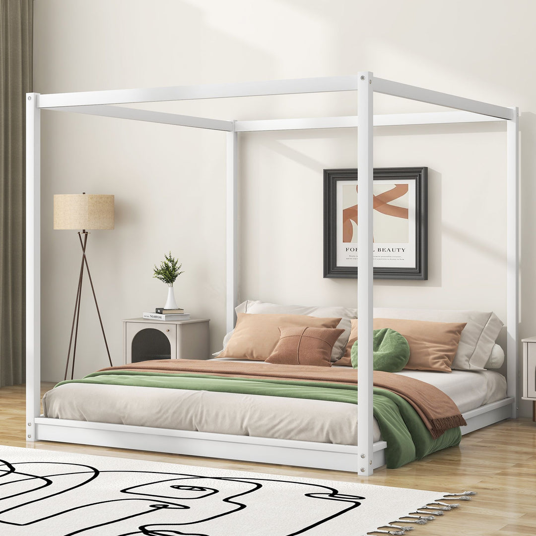 Buy farmhouse furniture King Size Canopy Platform Bed with Support Legs,White - Modern Cottage Farmhouse Furniture