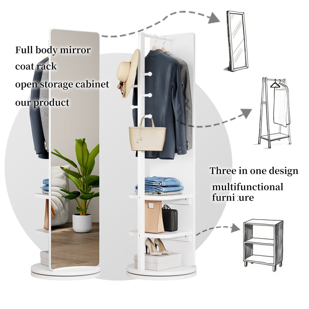 Buy farmhouse furniture Multifunctional Full Length Mirror with Coat Storage Rack - 360° Rotating Design for Bedroom and Closet in Beautiful White Finish - Modern Cottage Farmhouse Furniture