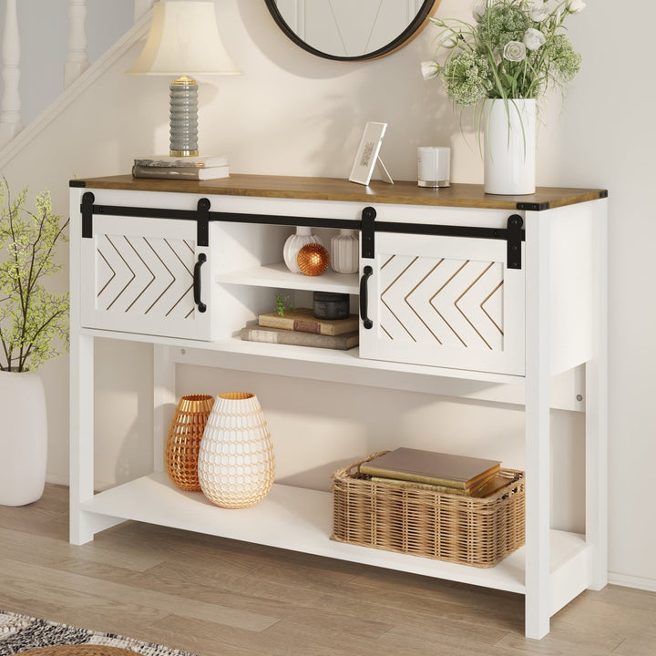 Buy farmhouse furniture Farmhouse Entryway Table with Drawers, 46" Console Table with Sliding Barn Door, Wood Rustic Sofa Table with Adjustable Shelf for Living Room, Foyer, Hallway, White and Rustic Oak - Modern Cottage Farmhouse Furniture