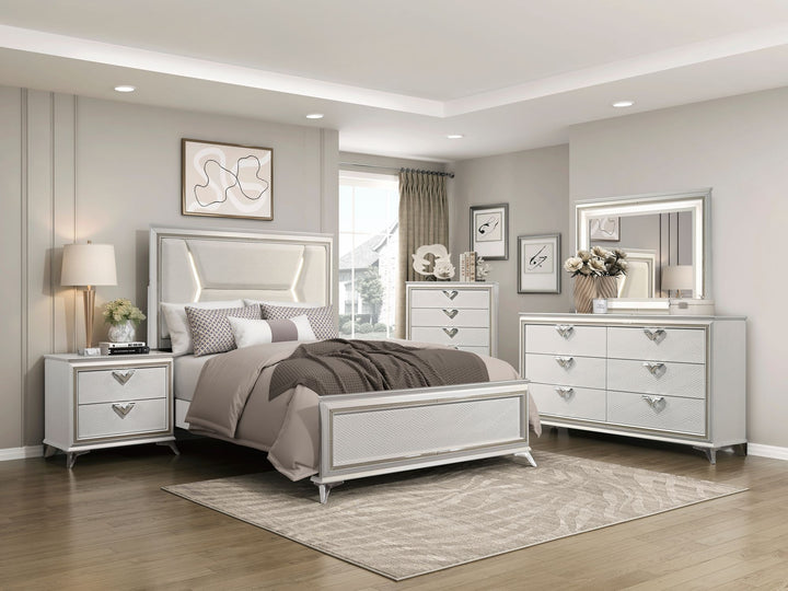 Buy farmhouse furniture 1pc Modern Luxury Queen Bed Upholstered Headboard with LED Lighting Wooden Bedroom Furniture Antique White Finish and Gold - Modern Cottage Farmhouse Furniture