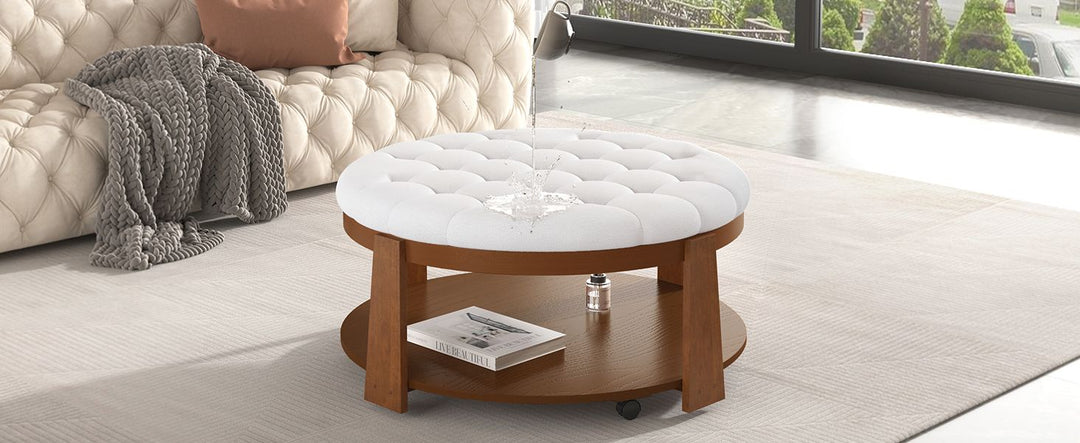 Buy farmhouse furniture Best Farmhouse Ottoman Coffee Table | Large Round 2-Tier Tufted Oversized Ottoman - Modern Cottage Farmhouse Furniture