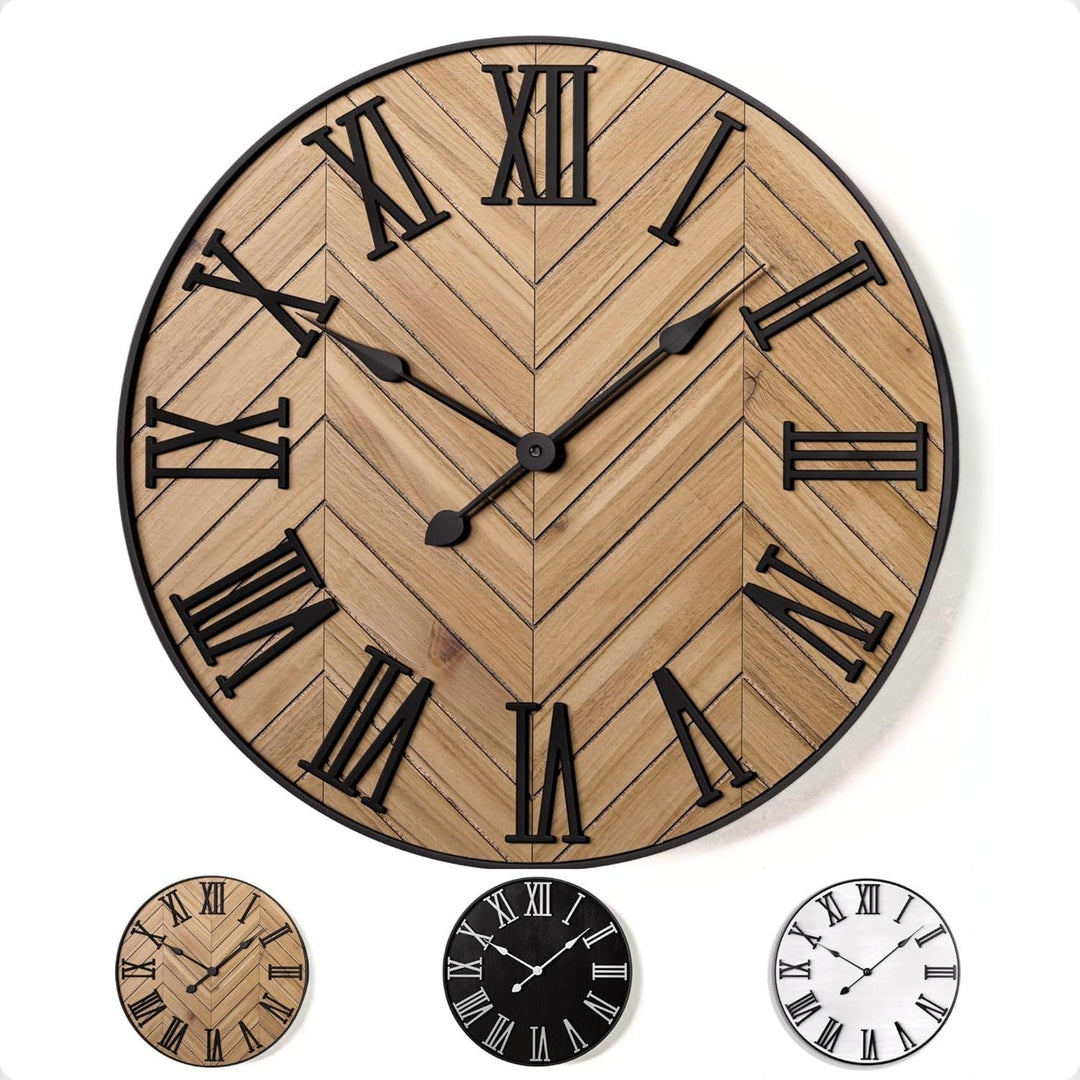 Buy farmhouse furniture Large Wall Clock 24" Round - Silent Metal & Wood Large Farmhouse Wall Clock For Living Room Decor with 3D Roman Numerals - No Ticking - Noiseless Big Wood Decorative Clocks for Living Room Decor - Modern Cottage Farmhouse Furniture