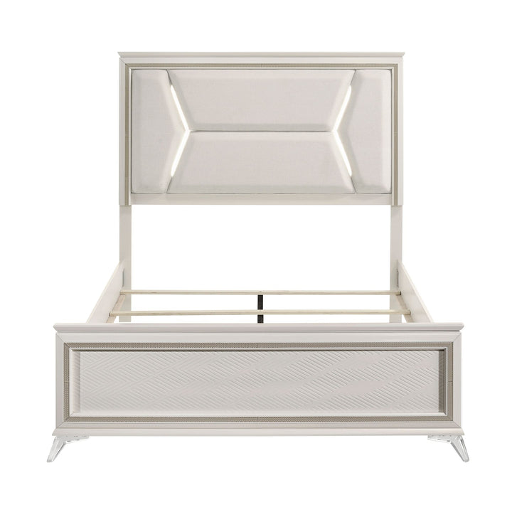 Buy farmhouse furniture 1pc Modern Luxury Queen Bed Upholstered Headboard with LED Lighting Wooden Bedroom Furniture Antique White Finish and Gold - Modern Cottage Farmhouse Furniture
