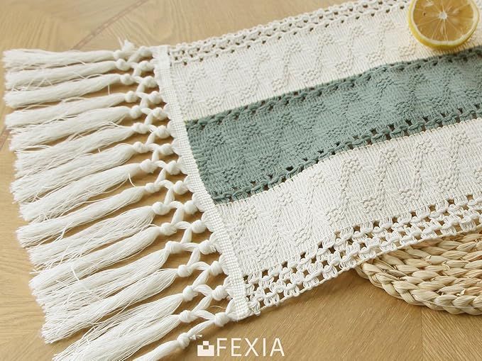 Buy farmhouse furniture Sage Green Farmhouse Table Runner 72 Inches Long with Tassels - Modern Cottage Farmhouse Furniture