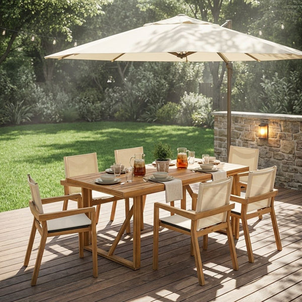 Buy farmhouse furniture Acacia Wood Outdoor Dining Set for 6 | Teak Finish Table & Beige Mesh Chairs | 7-Piece Patio Set - Modern Cottage Farmhouse Furniture