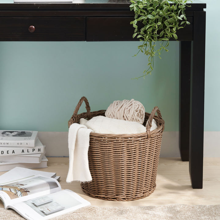 Buy farmhouse furniture Elegant Resin Wicker Storage Basket - Chocolate Brown Round Cone Design - Ideal for Organizing Clothes, Towels, and Magazines in a 16" x 16" x 14.5" Size - Modern Cottage Farmhouse Furniture
