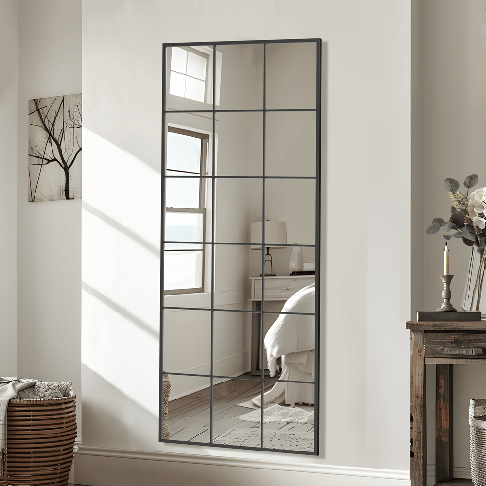 Buy farmhouse furniture Modern Black Iron Grid Full-Length Rectangular Mirror – Stylish Hanging or Leaning Design for Living Room and Bedroom Decor - Modern Cottage Farmhouse Furniture