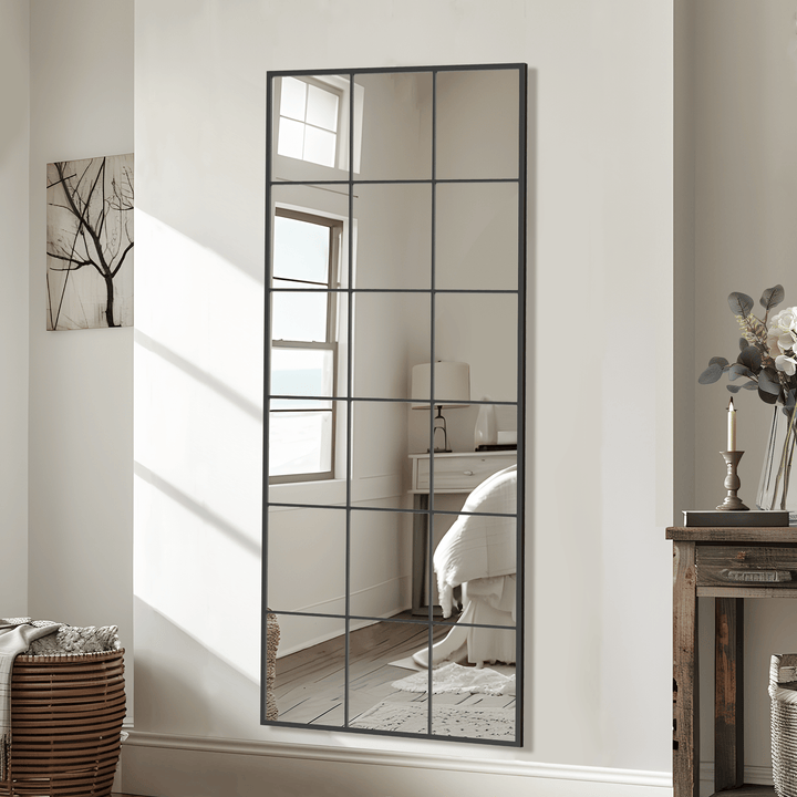Buy farmhouse furniture Modern Black Iron Grid Full-Length Rectangular Mirror – Stylish Hanging or Leaning Design for Living Room and Bedroom Decor - Modern Cottage Farmhouse Furniture
