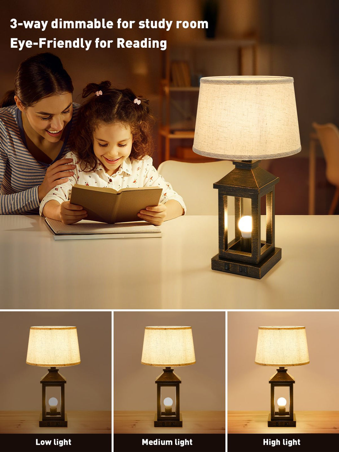 Buy farmhouse furniture 20.5in Black Gold Farmhouse Bedside Table Lamp, Suitable For Living Rooms, 3-Way Dimmable Touch Modern Bedside Table With 2 Lights For Bedrooms, Homes, Offices (Including Light Bulbs) - Modern Cottage Farmhouse Furniture