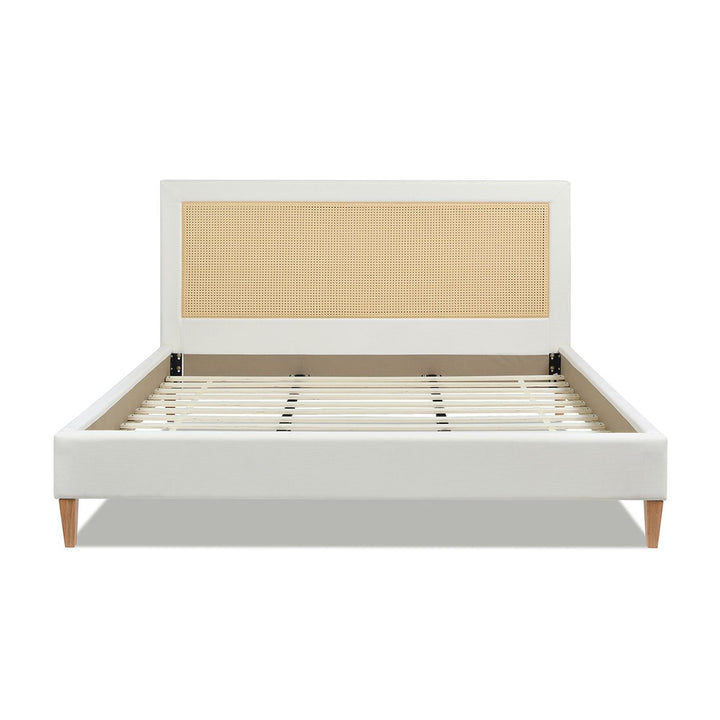 Buy farmhouse furniture Haley Upholstered Cane-Back Platform Bed, King, Antique White Polyester - Modern Cottage Farmhouse Furniture