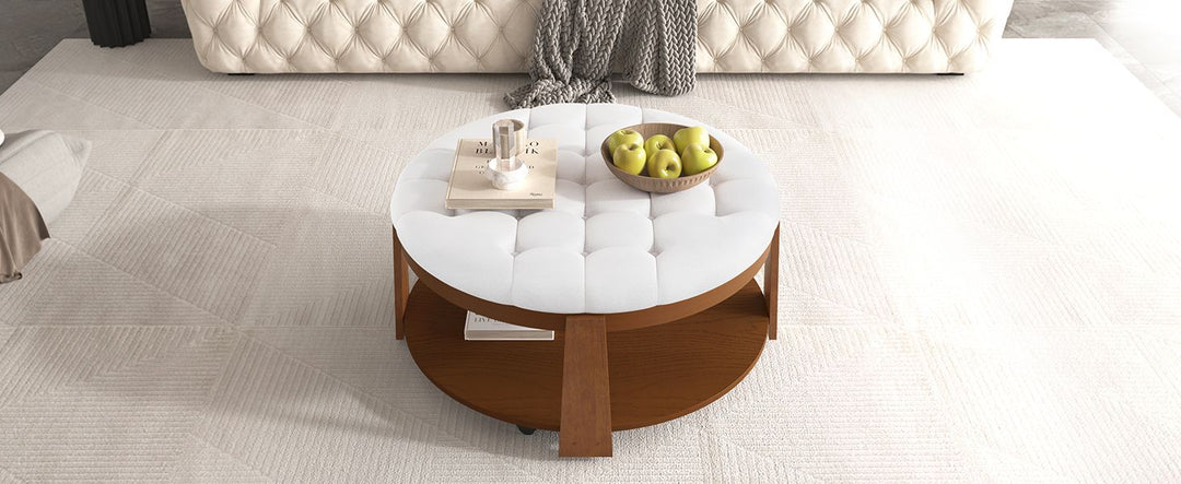 Buy farmhouse furniture Best Farmhouse Ottoman Coffee Table | Large Round 2-Tier Tufted Oversized Ottoman - Modern Cottage Farmhouse Furniture