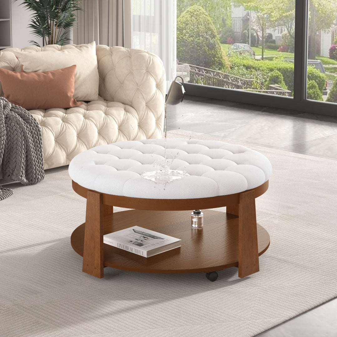 Buy farmhouse furniture Best Farmhouse Ottoman Coffee Table | Large Round 2-Tier Tufted Oversized Ottoman - Modern Cottage Farmhouse Furniture