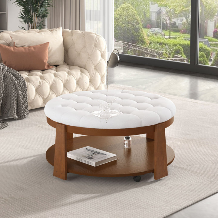 Buy farmhouse furniture Best Farmhouse Ottoman Coffee Table | Large Round 2-Tier Tufted Oversized Ottoman - Modern Cottage Farmhouse Furniture