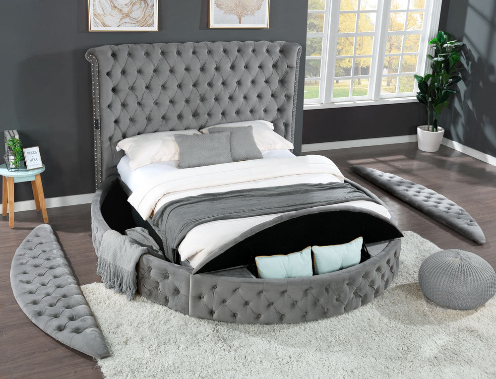 Buy farmhouse furniture Hazel Queen Size Tufted Storage Bed made with Wood in Gray - Modern Cottage Farmhouse Furniture
