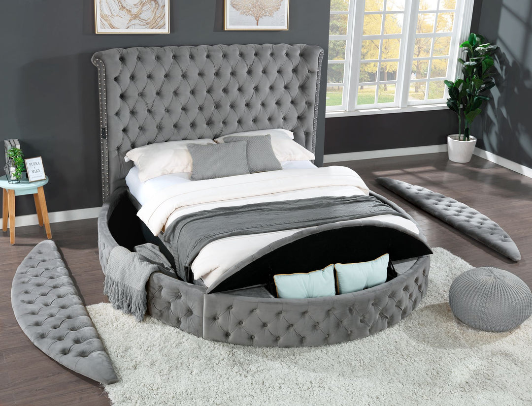 Buy farmhouse furniture Hazel Queen Size Tufted Storage Bed made with Wood in Gray - Modern Cottage Farmhouse Furniture