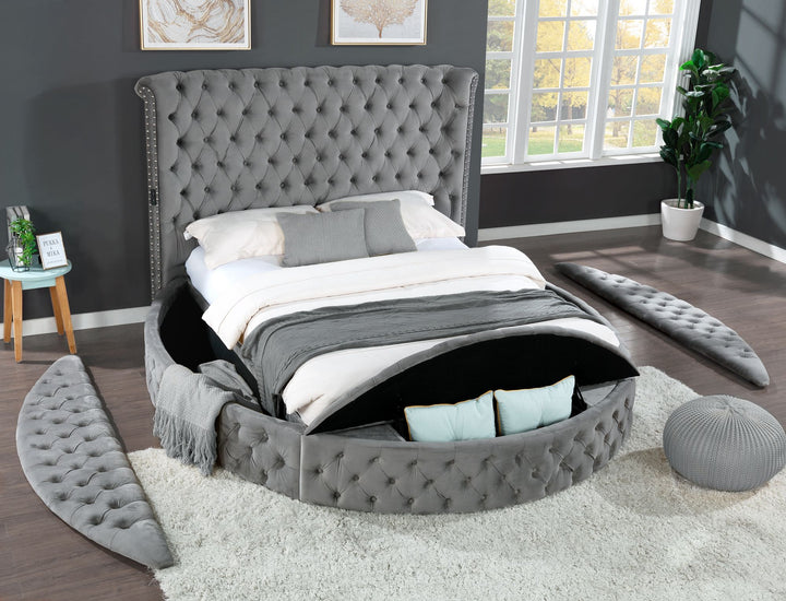 Buy farmhouse furniture Hazel Queen Size Tufted Storage Bed made with Wood in Gray - Modern Cottage Farmhouse Furniture