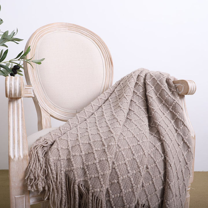 Buy farmhouse furniture Modern Farmhouse Coffee Diamond Pattern Knitted Throw Blanket with Tassels - Modern Cottage Farmhouse Furniture