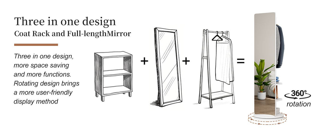 Buy farmhouse furniture Multifunctional Full Length Mirror with Coat Storage Rack - 360° Rotating Design for Bedroom and Closet in Beautiful White Finish - Modern Cottage Farmhouse Furniture