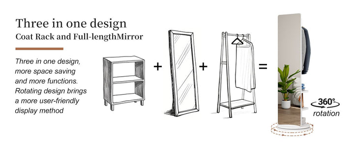 Buy farmhouse furniture Multifunctional Full Length Mirror with Coat Storage Rack - 360° Rotating Design for Bedroom and Closet in Beautiful White Finish - Modern Cottage Farmhouse Furniture