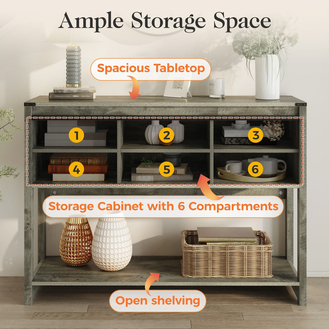 Buy farmhouse furniture Farmhouse Entryway Table with Drawers, 46" Console Table with Sliding Barn Door, Wood Rustic Sofa Table with Adjustable Shelf for Living Room, Foyer, Hallway, White and Rustic Oak - Modern Cottage Farmhouse Furniture