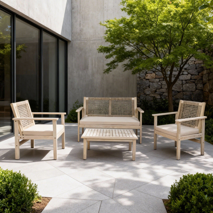 Buy farmhouse furniture Wicker 4-Piece Acacia Modern Cottage Farmhouse Wood Patio Set with Cushions - Modern Cottage Farmhouse Furniture