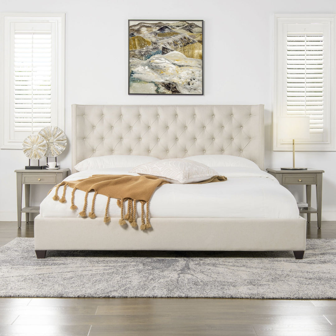 Buy farmhouse furniture Manhattan Shelter King Platform Bed Frame, Light Beige Linen - Modern Cottage Farmhouse Furniture