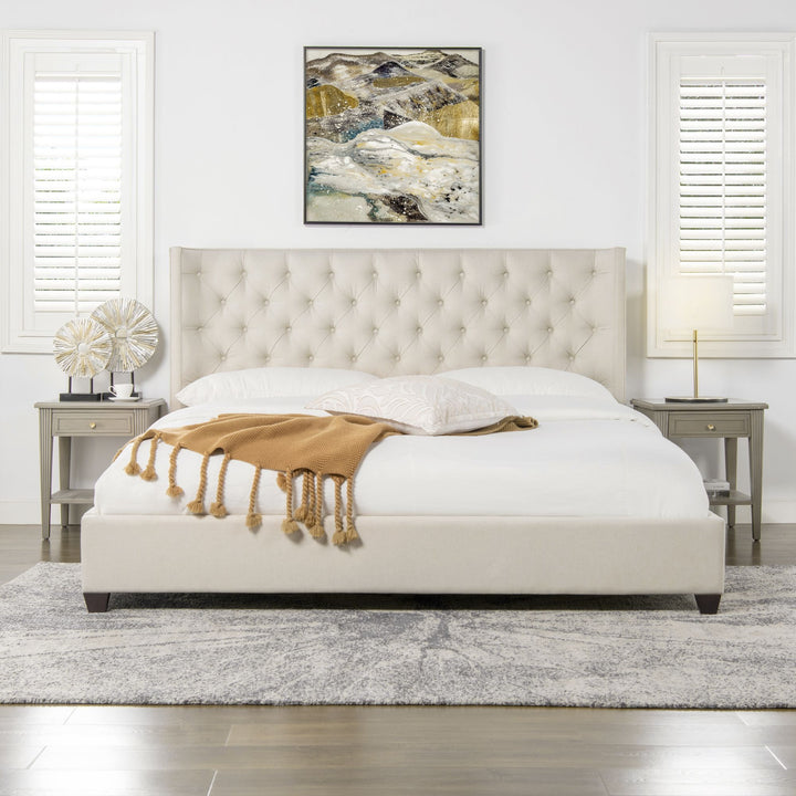 Buy farmhouse furniture Manhattan Shelter King Platform Bed Frame, Light Beige Linen - Modern Cottage Farmhouse Furniture