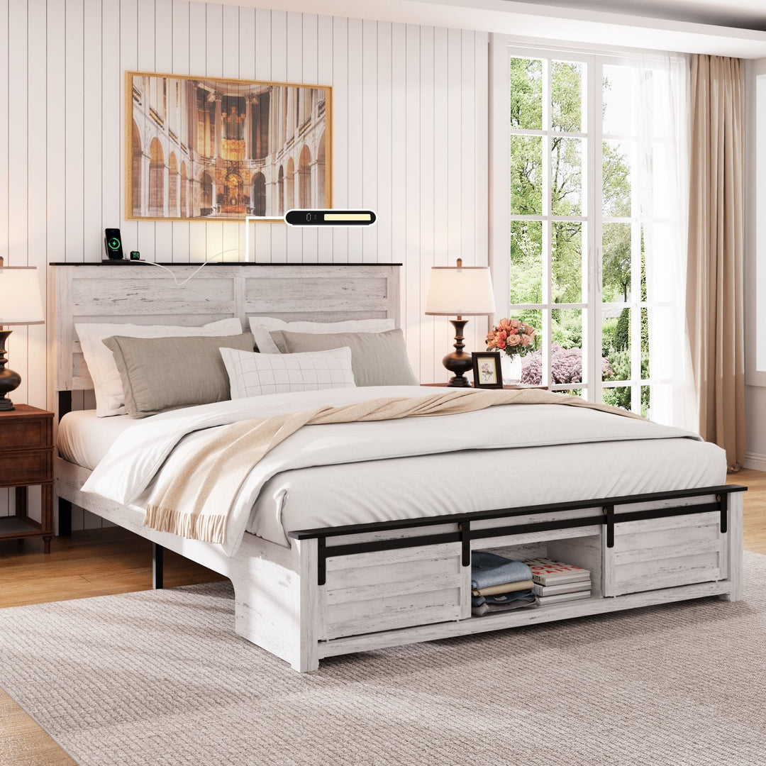 Buy farmhouse furniture Queen Bed Frame with Upholstered Headboard and Wood Platform,Storage Headboard with Charging Station and LED, Bed Frame with Pet Bed,No Noise, No Box Spring Needed,Easy Assembly,Antique White - Modern Cottage Farmhouse Furniture