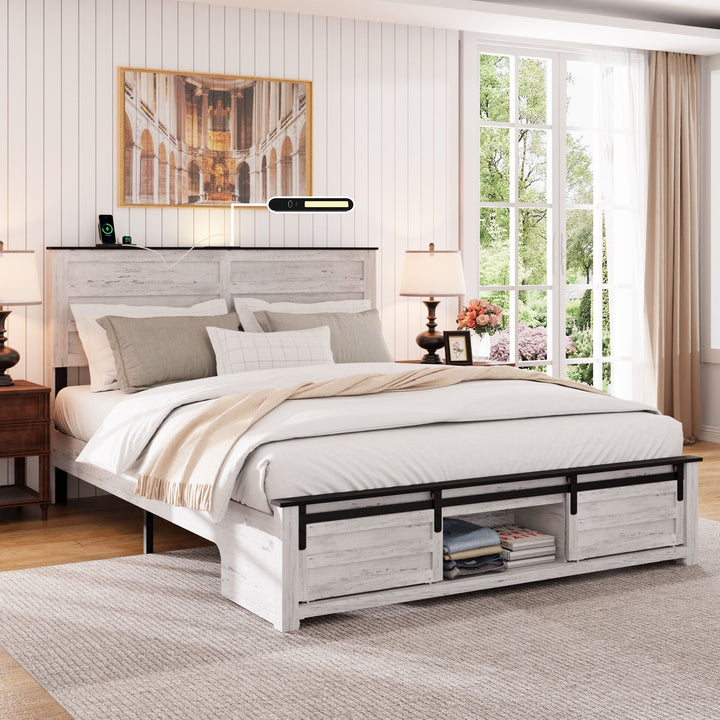 Buy farmhouse furniture Queen Bed Frame with Upholstered Headboard and Wood Platform,Storage Headboard with Charging Station and LED, Bed Frame with Pet Bed,No Noise, No Box Spring Needed,Easy Assembly,Antique White - Modern Cottage Farmhouse Furniture