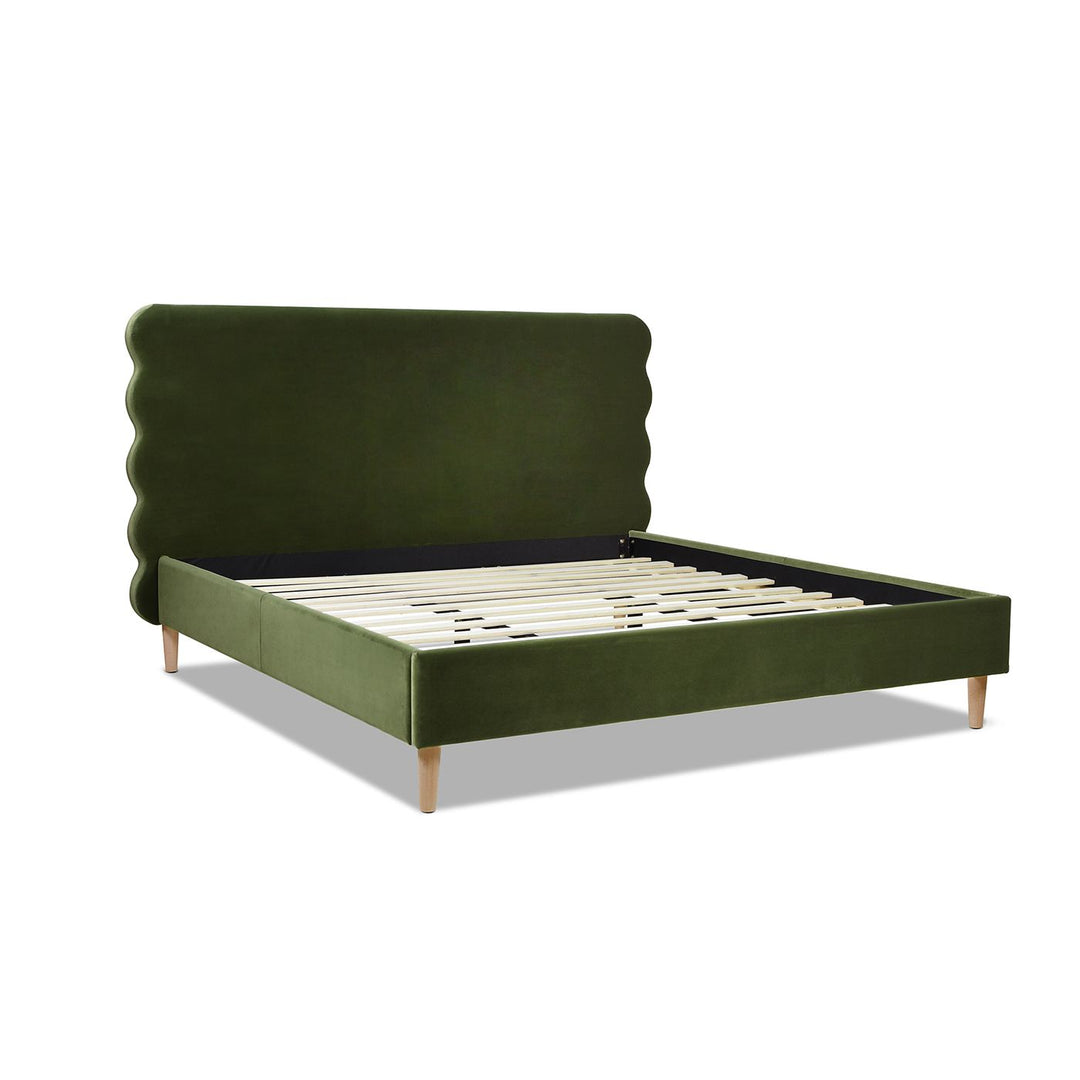 Buy farmhouse furniture Stockholm Modern Wavy Headboard Platform Bed, King, Olive Green Performance Velvet - Modern Cottage Farmhouse Furniture