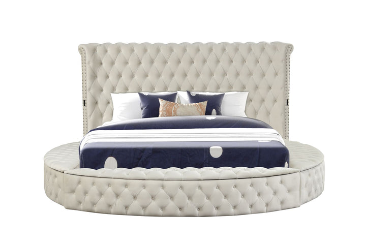 Buy farmhouse furniture Hazel Modern Circular Style King Bed Made with Wood in Cream - Modern Cottage Farmhouse Furniture