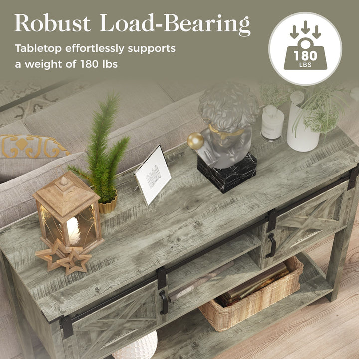 Buy farmhouse furniture Farmhouse Entryway Table with Drawers, 46" Console Table with Sliding Barn Door, Wood Rustic Sofa Table with Adjustable Shelf for Living Room, Foyer, Hallway, White and Rustic Oak - Modern Cottage Farmhouse Furniture