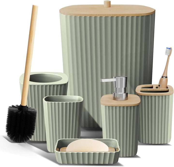 Buy farmhouse furniture Bathroom Set - Sage Green Bathroom Accessories Set, 6PC Bathroom Accessory Set, Bathroom Sets with Toilet Brush, Trash Can &amp; Soap Dispenser - Modern Cottage Farmhouse Furniture