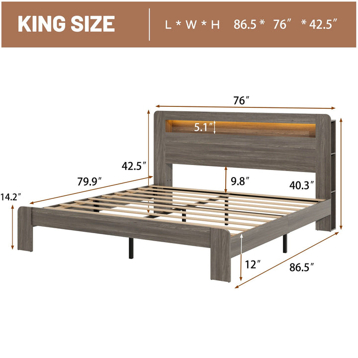 Buy farmhouse furniture Bed Frame King Size, Wood Platform Bed Frame with Storage LED Light Headboard and 2 USB , Noise Free,No Box Spring Needed and Easy Assembly Tool,Large Under Bed Storage,Dark Grey - Modern Cottage Farmhouse Furniture