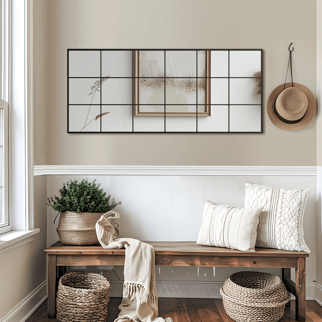Buy farmhouse furniture Modern Black Iron Grid Full-Length Rectangular Mirror – Stylish Hanging or Leaning Design for Living Room and Bedroom Decor - Modern Cottage Farmhouse Furniture
