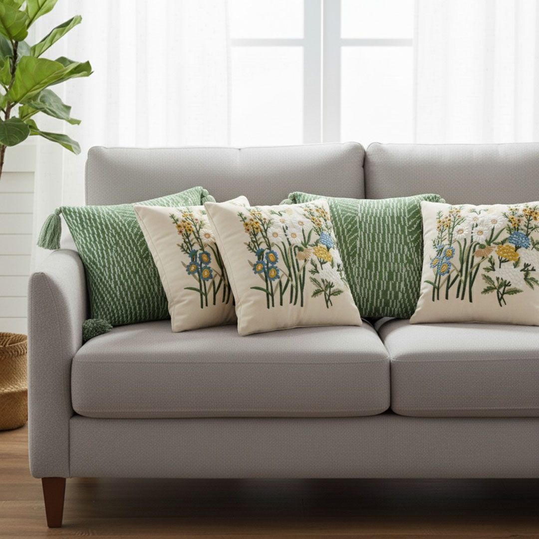 Buy farmhouse furniture 5PC 17.7 inches Green Decorative Pillowcase Set – Sage Chevron Tassel &amp; Botanical Garden Pillow Covers - Modern Cottage Farmhouse Furniture