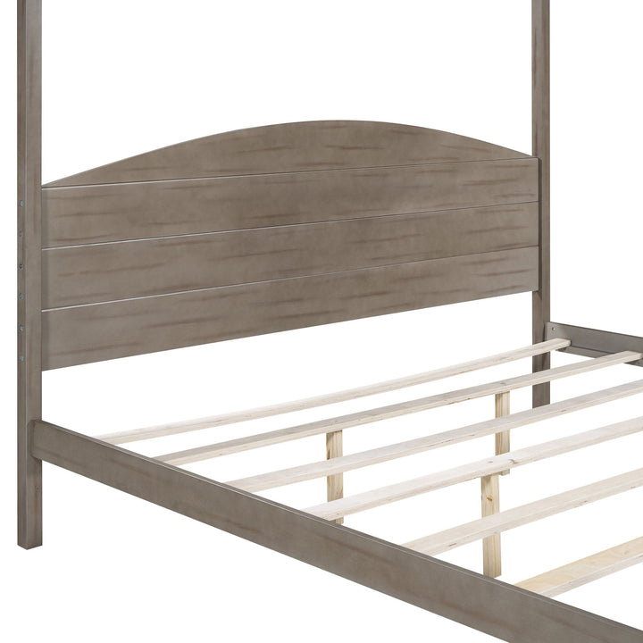 Buy farmhouse furniture King Size Canopy Platform Bed with Headboard and Support Legs, Brown Wash - Modern Cottage Farmhouse Furniture