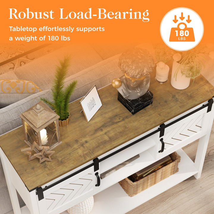 Buy farmhouse furniture Farmhouse Entryway Table with Drawers, 46" Console Table with Sliding Barn Door, Wood Rustic Sofa Table with Adjustable Shelf for Living Room, Foyer, Hallway, White and Rustic Oak - Modern Cottage Farmhouse Furniture