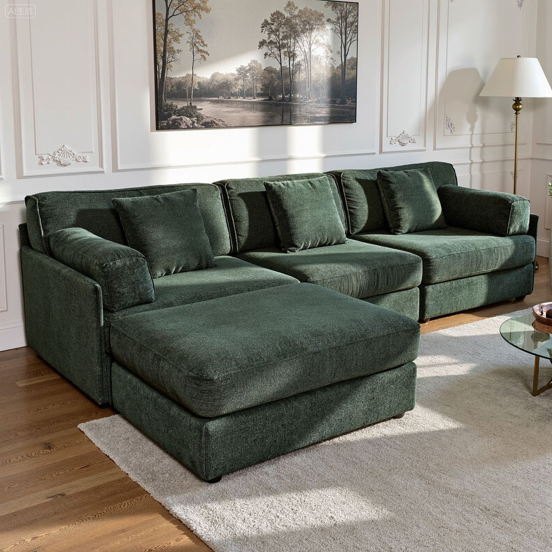 Buy farmhouse furniture Olea Farm | Oversized Green L-Shape 4 Seater Modular Farmhouse Sofa Couch - Modern Cottage Farmhouse Furniture