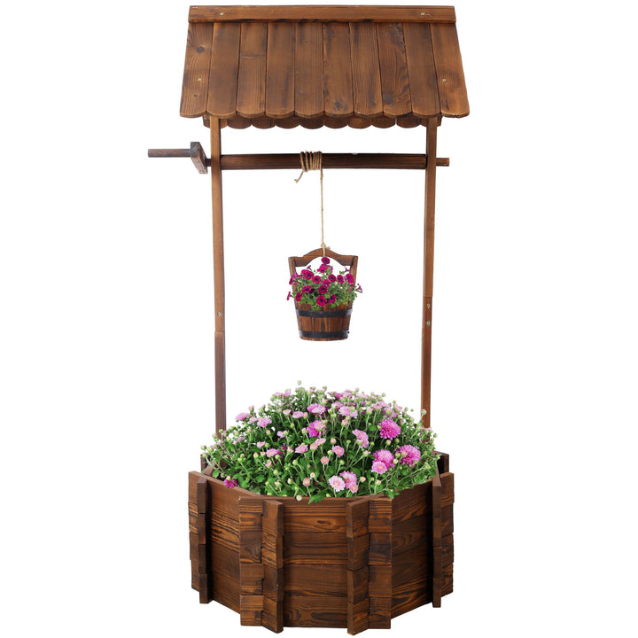 Buy farmhouse furniture Charming Rustic Wooden Wishing Well Planter for Outdoor Garden with Bucket Accent - Modern Cottage Farmhouse Furniture