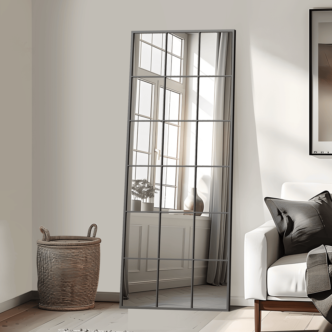 Buy farmhouse furniture Modern Black Iron Grid Full-Length Rectangular Mirror – Stylish Hanging or Leaning Design for Living Room and Bedroom Decor - Modern Cottage Farmhouse Furniture