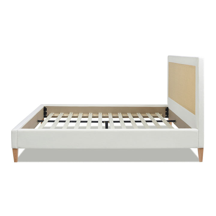 Buy farmhouse furniture Haley Upholstered Cane-Back Platform Bed, King, Antique White Polyester - Modern Cottage Farmhouse Furniture