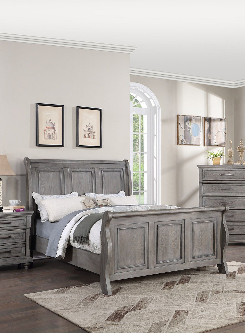 Buy farmhouse furniture Weathered Oak Farm | Grey Oak California King Size Farmhouse Bed - Modern Cottage Farmhouse Furniture