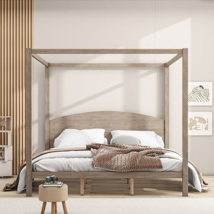 Buy farmhouse furniture King Size Canopy Platform Bed with Headboard and Support Legs, Brown Wash - Modern Cottage Farmhouse Furniture