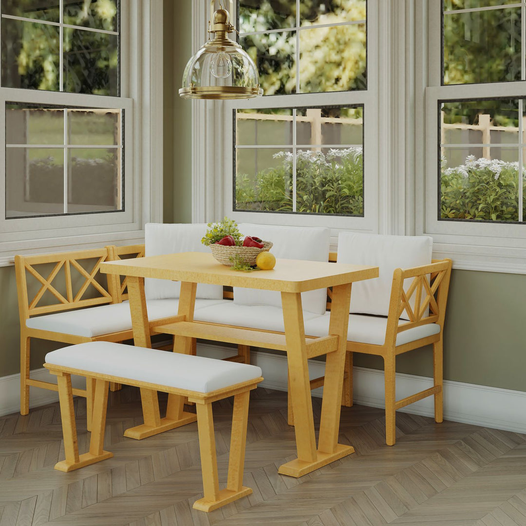 Buy farmhouse furniture Small Farmhouse Solid Wood Kitchen Nook Dining Room Breakfast Nook Table Set for 6, Space Saving High Top Corner Dining Table with Bench and Chairs (6 Piece) - Modern Cottage Farmhouse Furniture