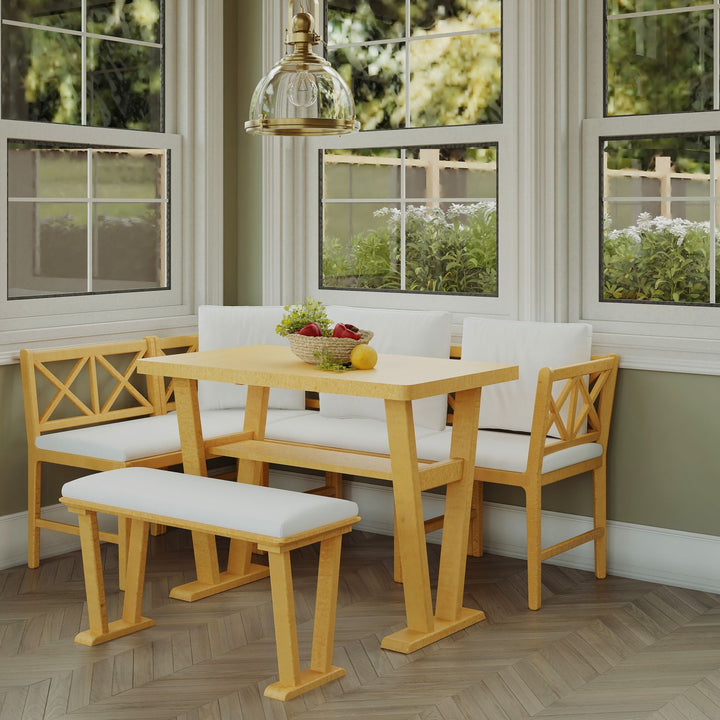 Buy farmhouse furniture Small Farmhouse Solid Wood Kitchen Nook Dining Room Breakfast Nook Table Set for 6, Space Saving High Top Corner Dining Table with Bench and Chairs (6 Piece) - Modern Cottage Farmhouse Furniture