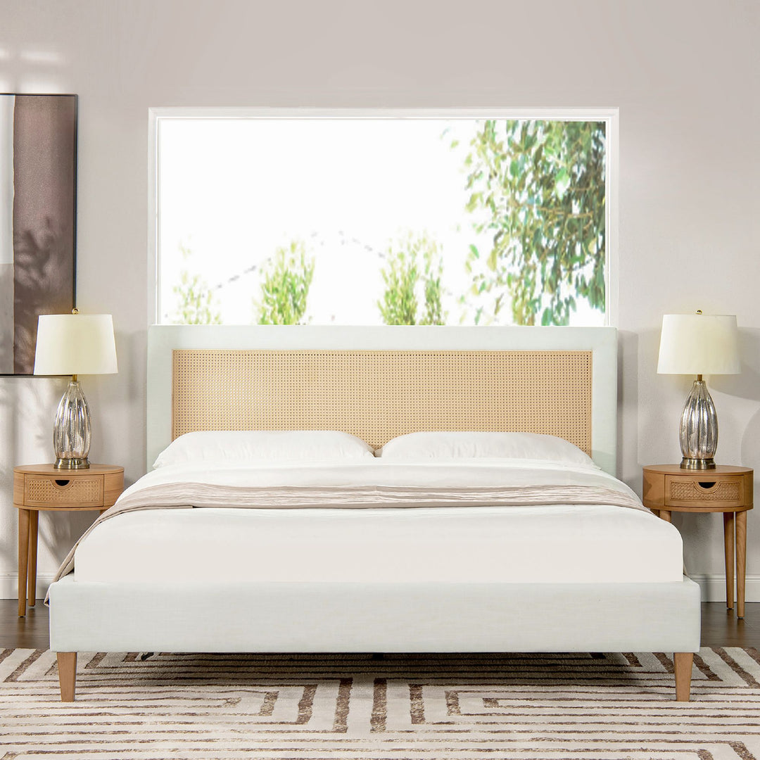 Buy farmhouse furniture Haley Upholstered Cane-Back Platform Bed, King, Antique White Polyester - Modern Cottage Farmhouse Furniture