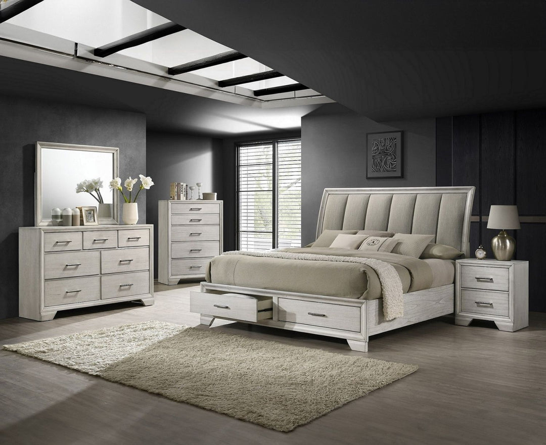 Buy farmhouse furniture Elegant Queen Farmhouse Platform Bed with Ultra-plush Headboard and Two Spacious Footboard Drawers - Solid Wood in White Mist - Modern Cottage Farmhouse Furniture