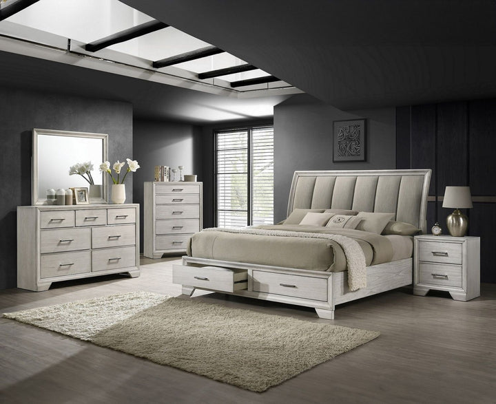 Buy farmhouse furniture Elegant Queen Farmhouse Platform Bed with Ultra-plush Headboard and Two Spacious Footboard Drawers - Solid Wood in White Mist - Modern Cottage Farmhouse Furniture