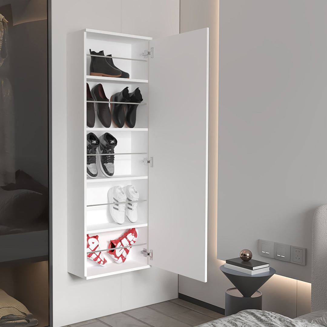 Buy farmhouse furniture Modern Connecticut Shoe Storage Rack with Mirror - Elegant Wall Mount Design for Five Shelves - Modern Cottage Farmhouse Furniture